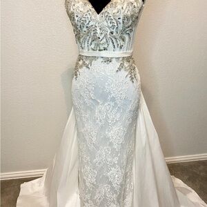 Elegant White and Silver Lace Evening Gown